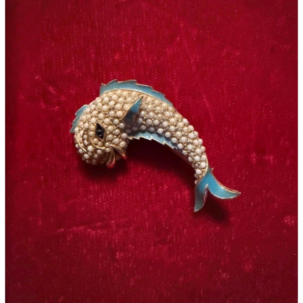 Authentic Vintage Signed CINER Pearl And Enamel Koi Fish Brooch